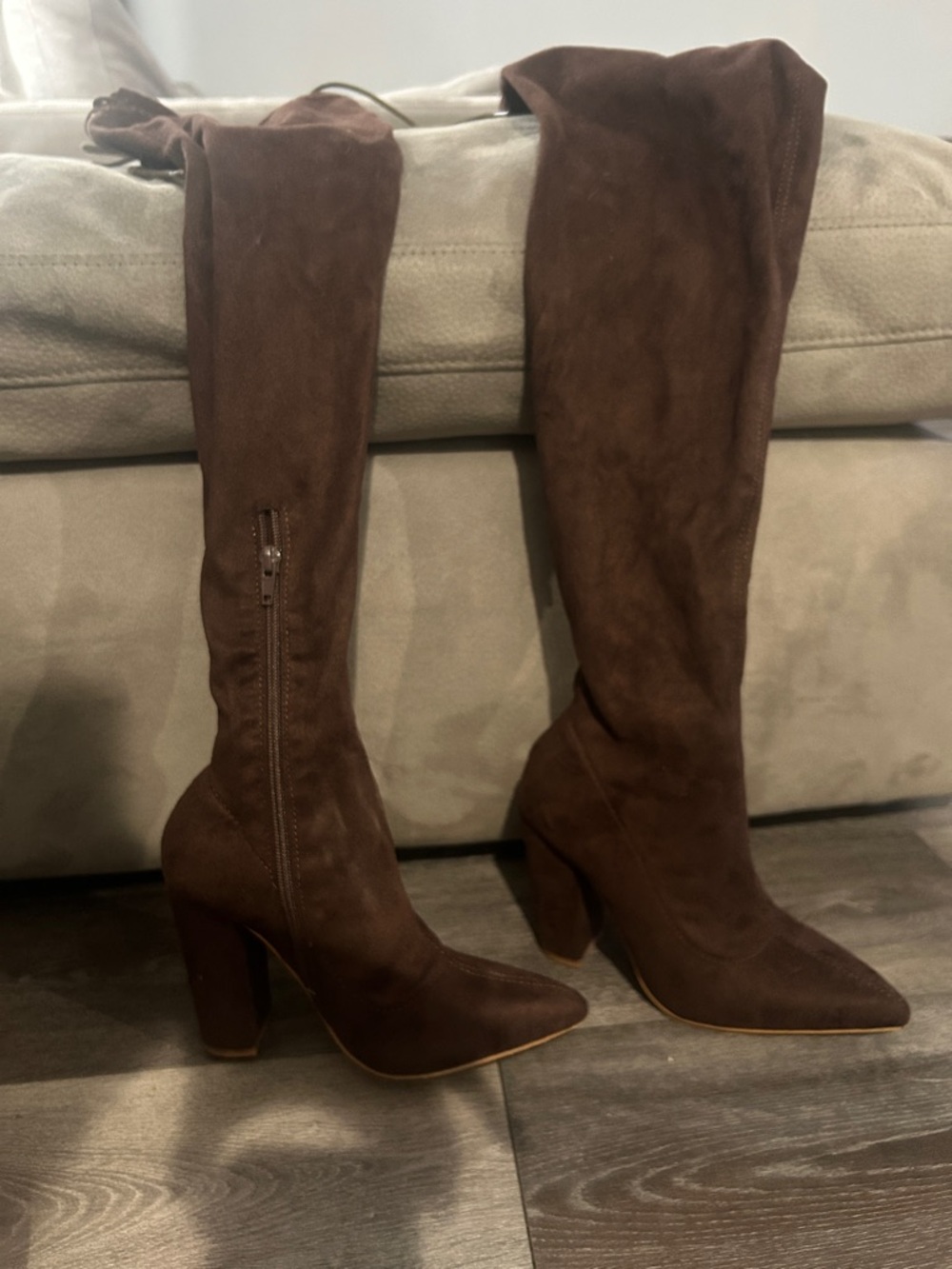 Miss Lola Brown Over-the-Knee Suede Block Heel Boots